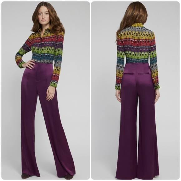 New! Alice + Olivia Willa Rainbow Stace Face 100% Silk Blouse 💜 💛 XS - Picture 2 of 16